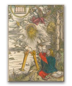 Obraz Albrecht Dürer - Apokalipsa - karta 10 - św. Jan podpatrujący księgę (wersja koloryzowana)