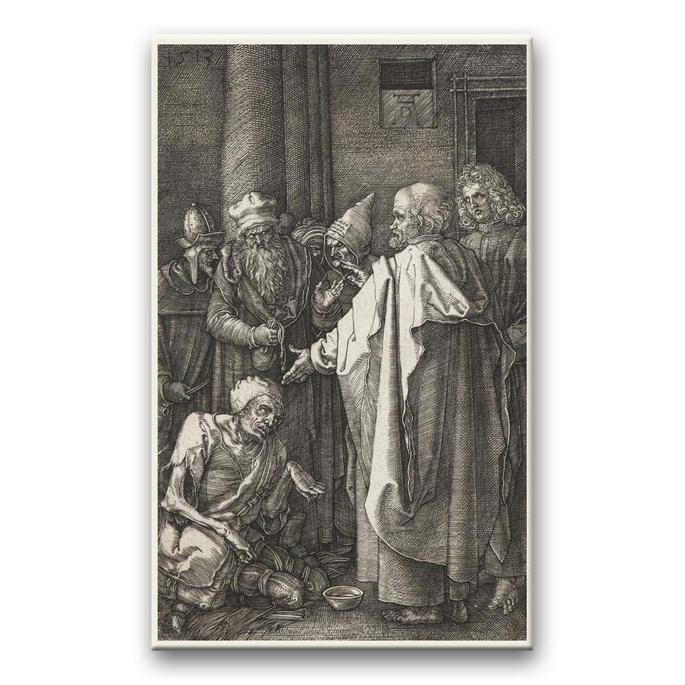 Obraz Albrecht Dürer - Grawerowana Pasja - karta 15 - Św. Piotr i św. Jan uzdrawiają kalekę