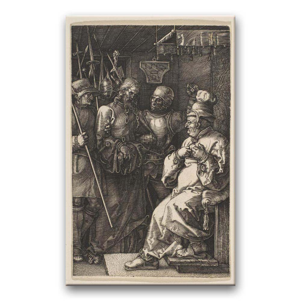 Obraz Albrecht Dürer - Grawerowana Pasja - karta 6 - Chrystus przed Kajfaszem